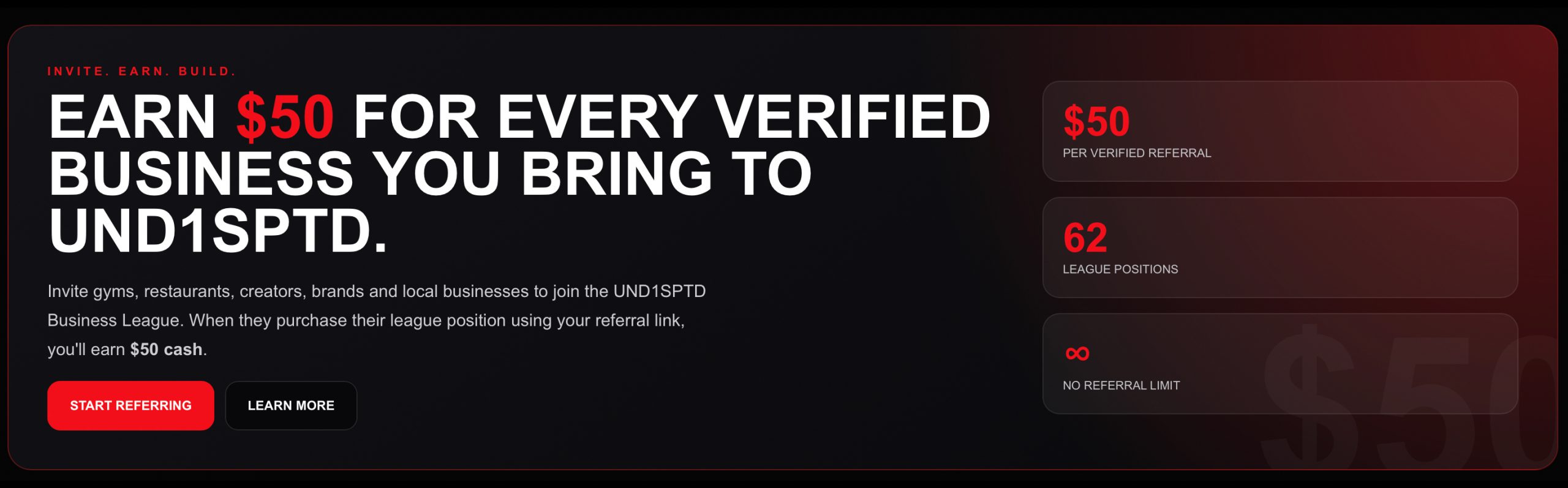 Earn fifty dollars for every verified business referral